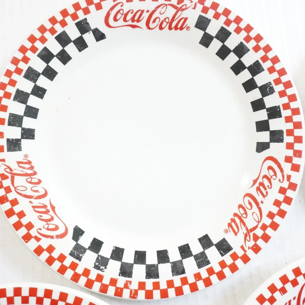 VTG Coca-Cola Gibson Dinner Plates Set 4 Checkerboard Border Collectible Dishes‎